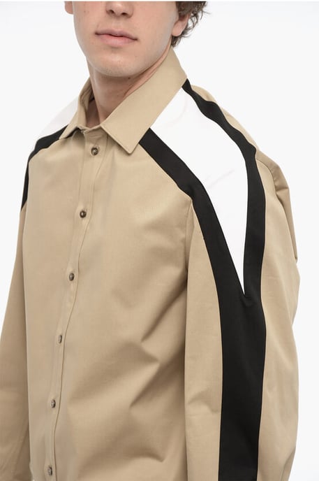 Katoenen overshirt met contrasterende zijbanden in beige - Image 3