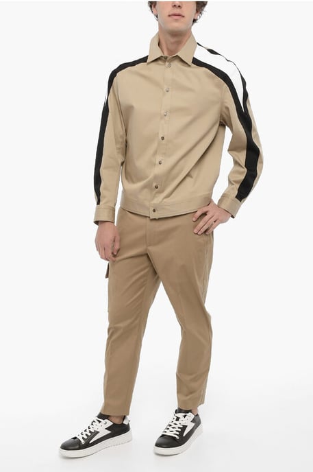 Katoenen overshirt met contrasterende zijbanden in beige - Image 4