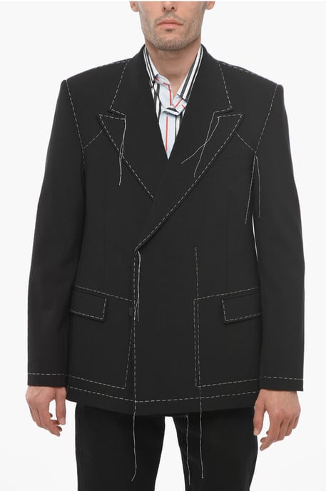 Dubbelrijs wolmix blazer met zichtbare stiksels in zwart - Image 1