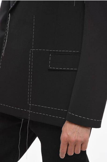 Dubbelrijs wolmix blazer met zichtbare stiksels in zwart - Image 3