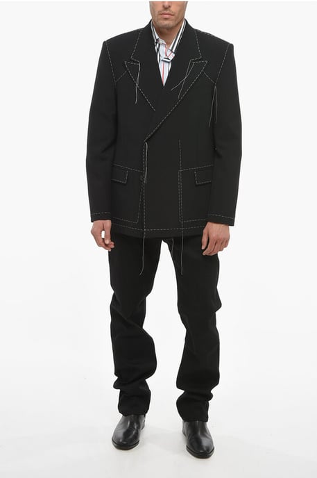 Dubbelrijs wolmix blazer met zichtbare stiksels in zwart - Image 4