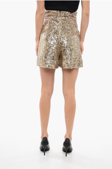 Dubbelgeplooide, hoog getailleerde shorts met pailletten in goud - Image 2