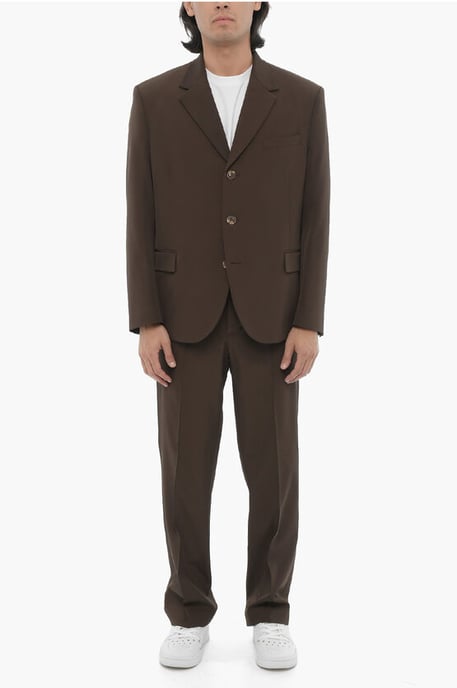 Zijsplitten, reverskraag, slim fit, drieknoops pak in bruin - Image 1