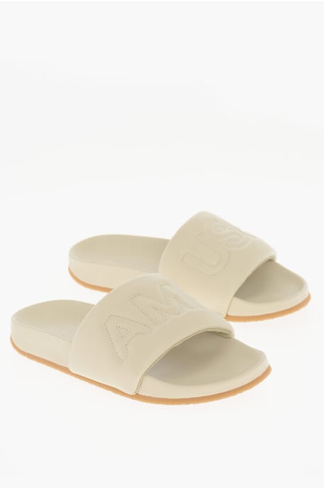 Effen leren slippers in beige - Image 1