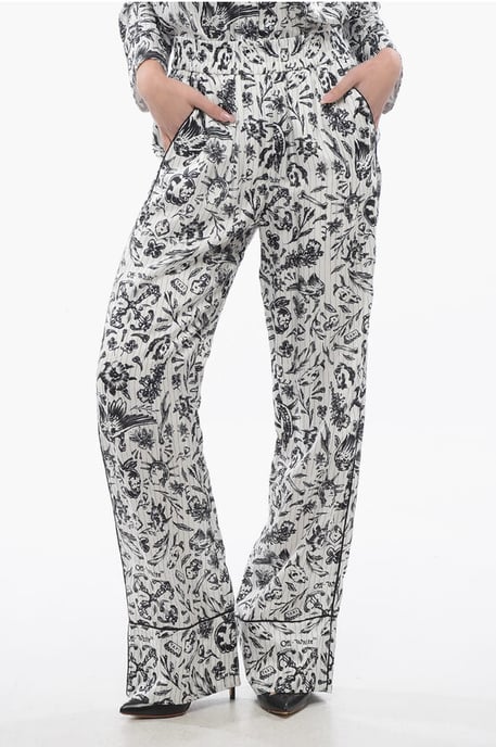 Bedrukte satijnen TATTOO PYJAMA Palazzo-broek in zwart en wit - Image 1