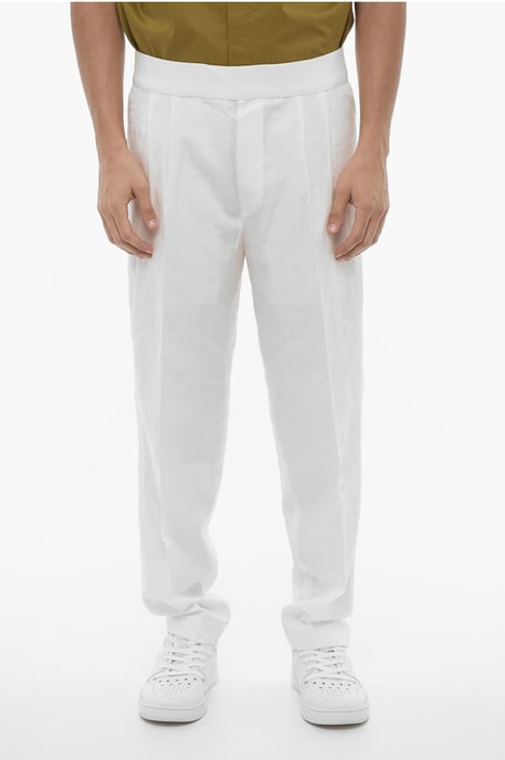 Slim fit broek met dubbele plooi en elastische tailleband in wit - Image 1