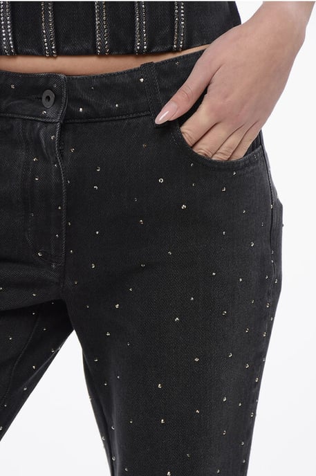 Low Rise BLING Flared Fit Denims met All-Over Strass-steentjes 2 in Zwart - Image 3
