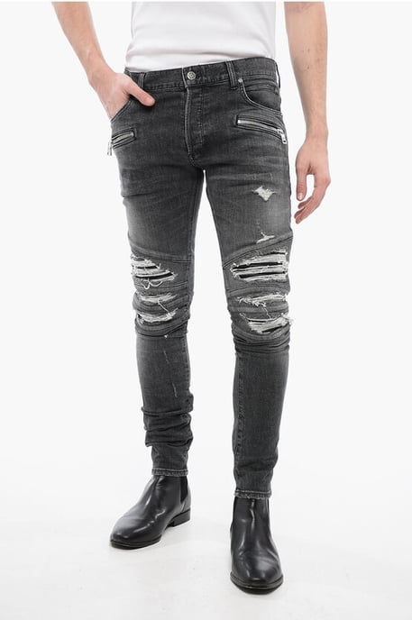 Denim broek met meerdere zakken en leren biker-inzetstukken, maat 1, grijs - Image 1