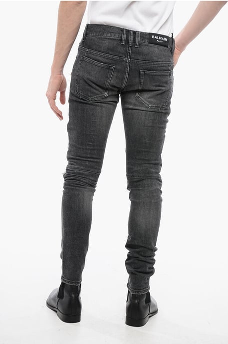 Denim broek met meerdere zakken en leren biker-inzetstukken, maat 1, grijs - Image 2