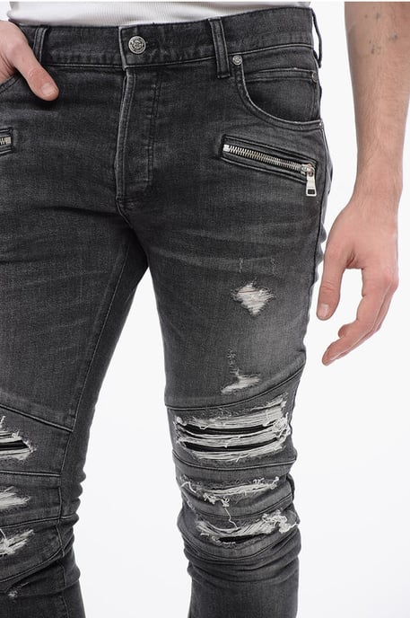 Denim broek met meerdere zakken en leren biker-inzetstukken, maat 1, grijs - Image 3