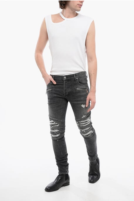 Denim broek met meerdere zakken en leren biker-inzetstukken, maat 1, grijs - Image 4