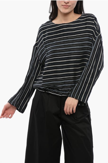 Gebalanceerde streep VARSITY linnenmix blouse in zwart - Image 1