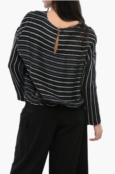 Gebalanceerde streep VARSITY linnenmix blouse in zwart - Image 2