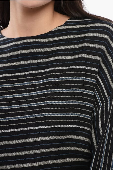 Gebalanceerde streep VARSITY linnenmix blouse in zwart - Image 3