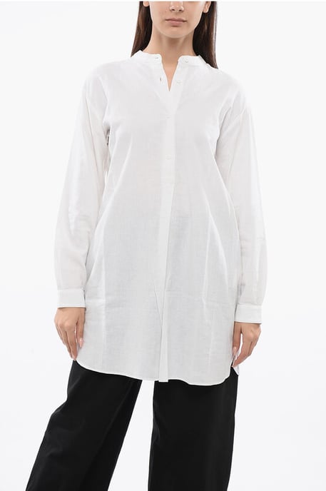 Lange blouse van linnenmix met mandarijnkraag in wit - Image 1