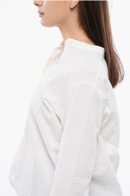 Lange blouse van linnenmix met mandarijnkraag in wit - Image 3