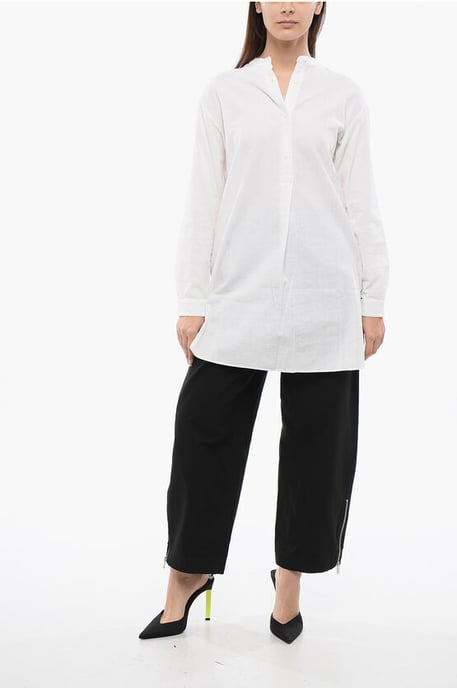 Lange blouse van linnenmix met mandarijnkraag in wit - Image 4