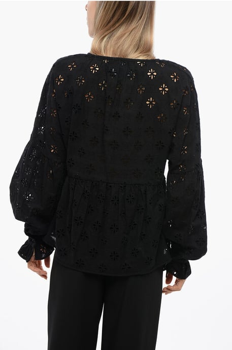 SBERTOLI-blouse met vetersluiting en broderie anglaise in zwart - Image 2