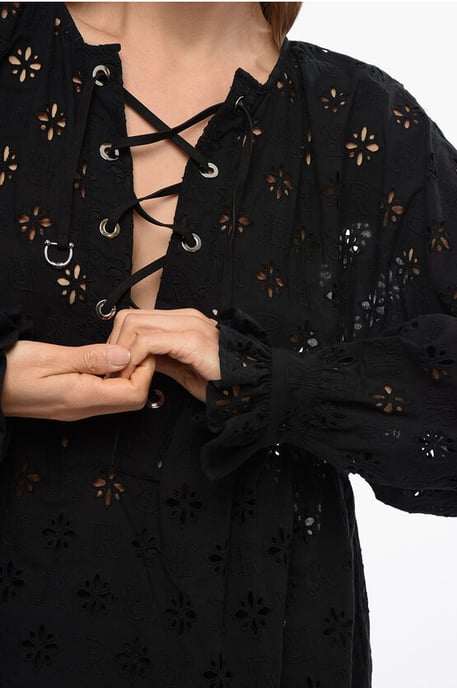 SBERTOLI-blouse met vetersluiting en broderie anglaise in zwart - Image 3