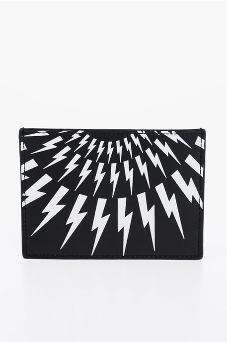 Leren FAIR-ISLE THUNDERBOLT kaarthouder met contrastprint in zwart - Image 2