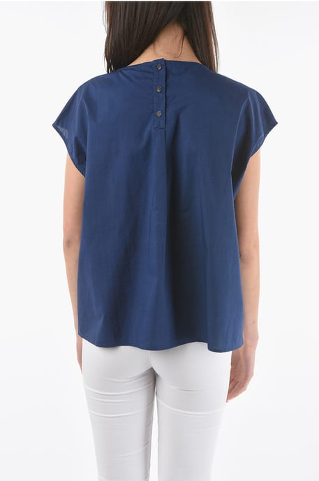 Blouse van Popeline-katoen met korte mouwen in blauw - Image 2