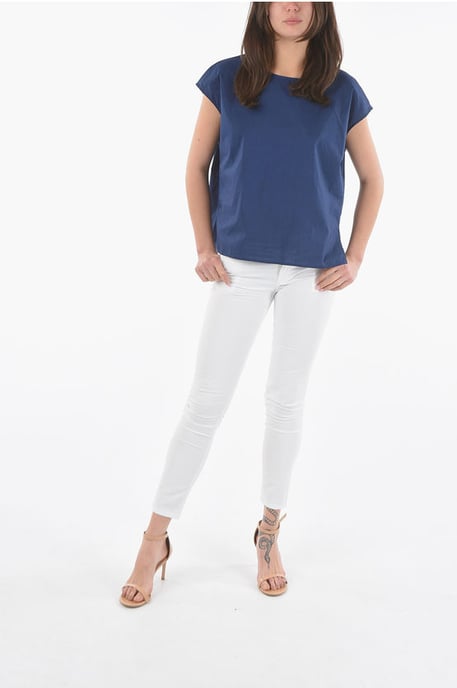 Blouse van Popeline-katoen met korte mouwen in blauw - Image 4