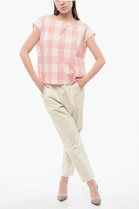 Mouwloze blouse van katoen met ruitjesmotief en trekkoord in de kleuren wit, roze - Image 4