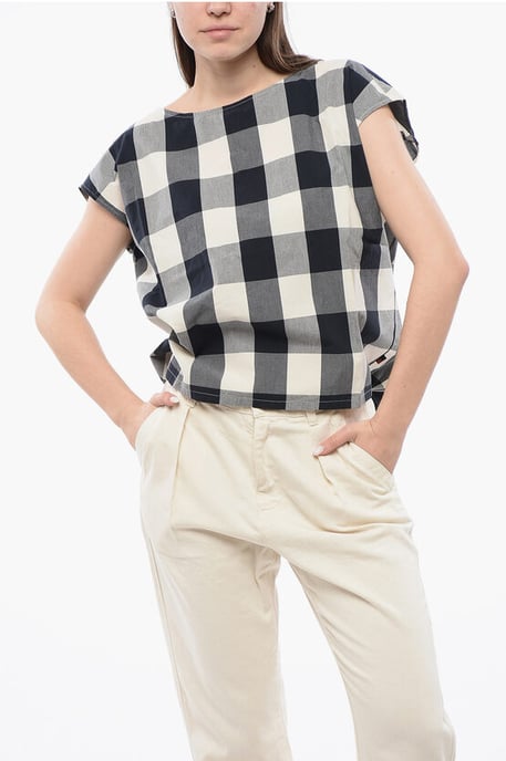 Mouwloze blouse van katoen met ruitjesmotief en trekkoord in wit, blauw en grijs - Image 1