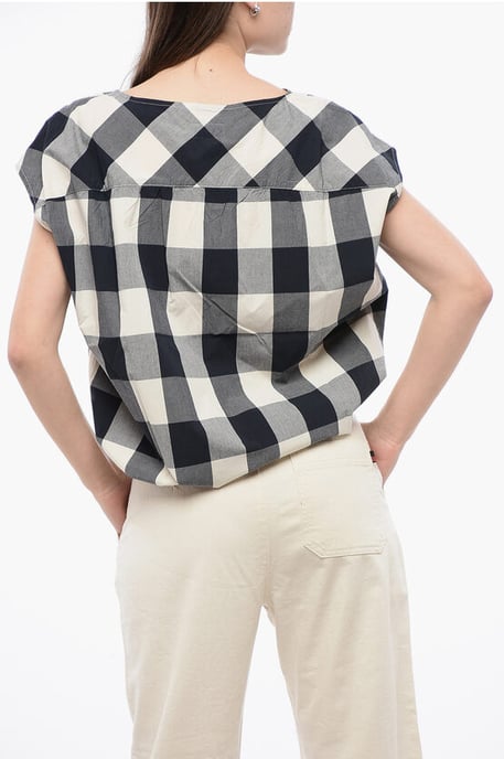 Mouwloze blouse van katoen met ruitjesmotief en trekkoord in wit, blauw en grijs - Image 2
