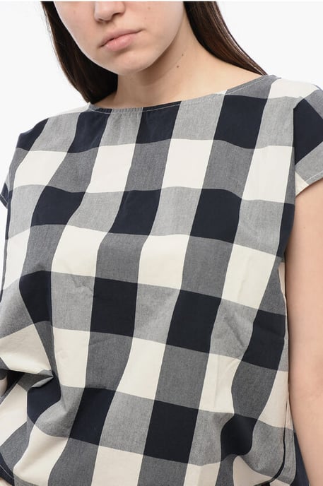 Mouwloze blouse van katoen met ruitjesmotief en trekkoord in wit, blauw en grijs - Image 3