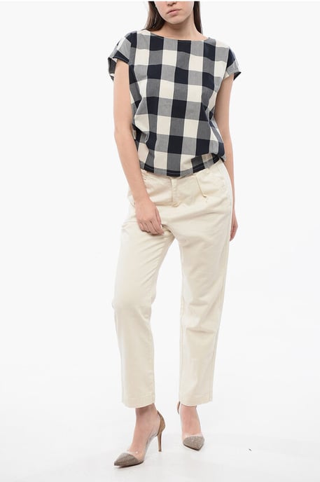 Mouwloze blouse van katoen met ruitjesmotief en trekkoord in wit, blauw en grijs - Image 4