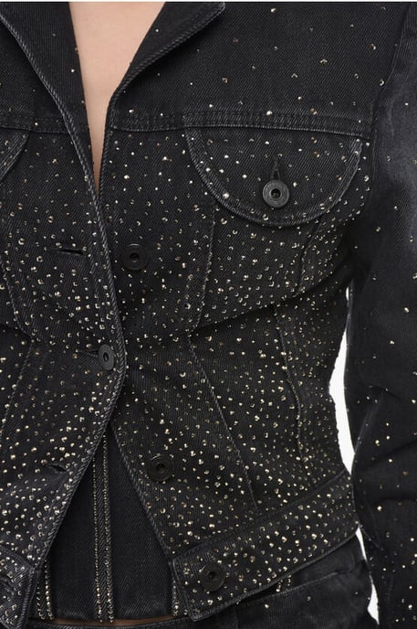 Cropped Fit BLING Denim Jack met Strass in Zwart - Image 3