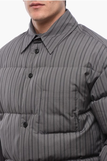 Gestreept katoenen gewatteerd omkeerbaar overshirt in grijs - Image 3