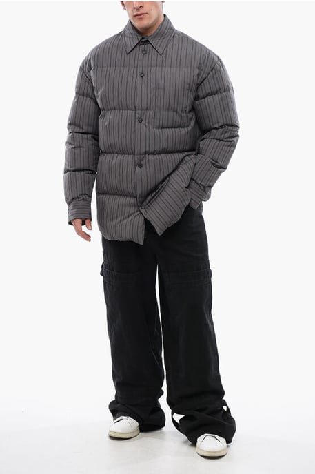 Gestreept katoenen gewatteerd omkeerbaar overshirt in grijs - Image 4