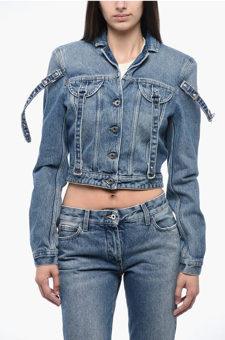 Cropped denim jack met harnasdetail in blauw - Image 1