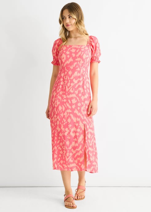 Roze Dierenprint Vierkante Hals Viscose Midi Dress - Image 3