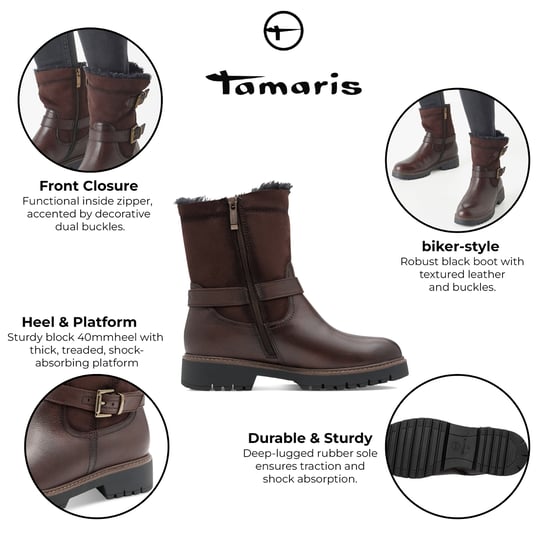 Tamaris Dames Winter Mocca Bruine Leren Gesp Rits Biker Enkellaarsjes - Image 2