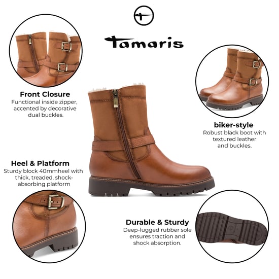 Tamaris Dames Winter Cognac Bruine Leren Gesp Rits Biker Enkellaarsjes - Image 2