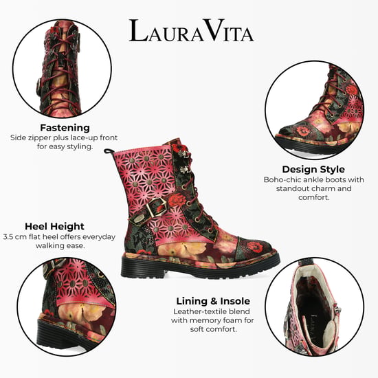 Laura Vita Incaso 36 Rode Bloemen Dames Gothic Victoriaanse Leren Enkelhoge Laarzen - Image 2