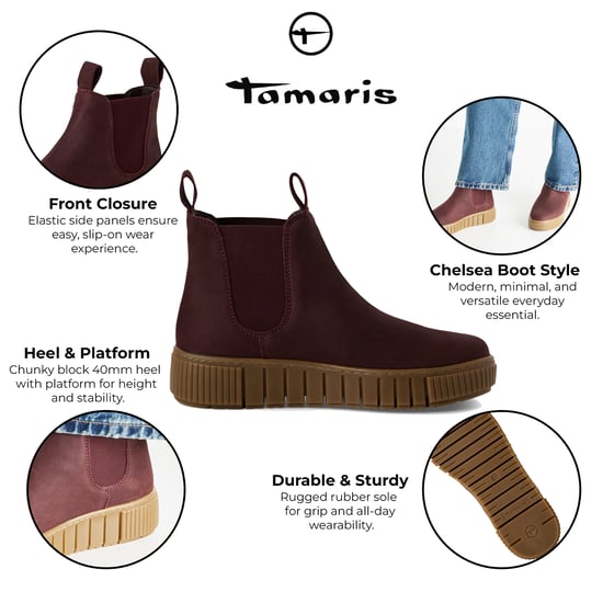Tamaris Dames Bordeaux Burgundy Leren Chelsea Enkellaarsjes - Image 2
