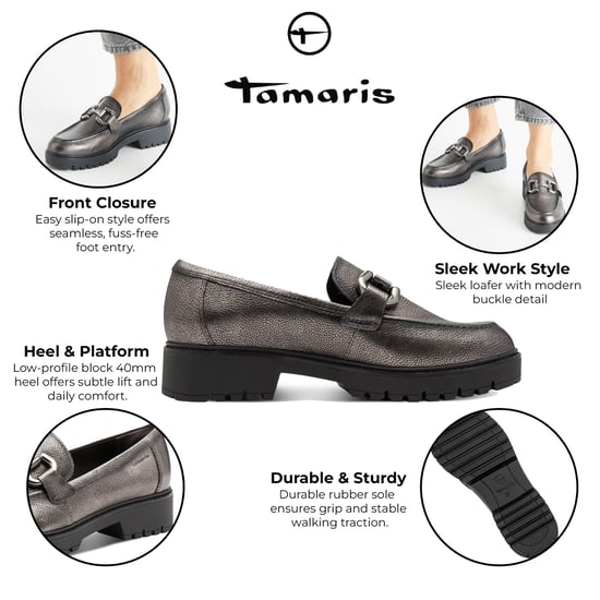 Tamaris Dames Pewter Zilveren Leren Loafers Slip-On Platform Schoenen - Image 2