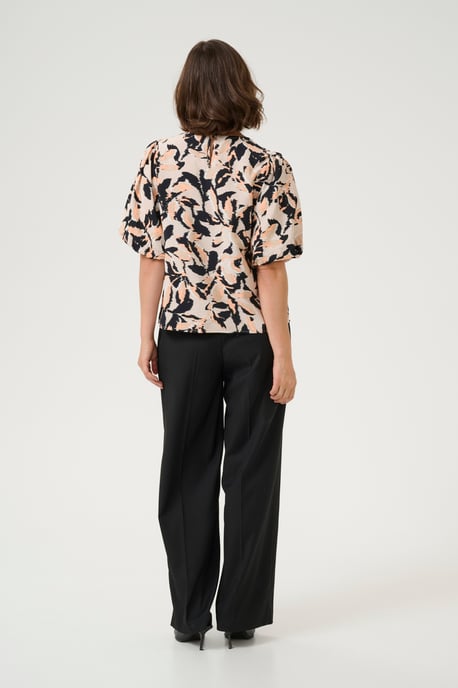 Blouse met korte mouwen A-shape Beige/Black/Peach Blurry Leaf - Image 2