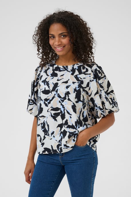 Blouse met korte mouwen A-shape Beige/Black/Blue Blurry Leaf beige - Image 3