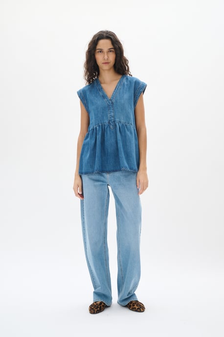 Blouse met korte mouwen Regular fit Washed Denim blue - Image 1