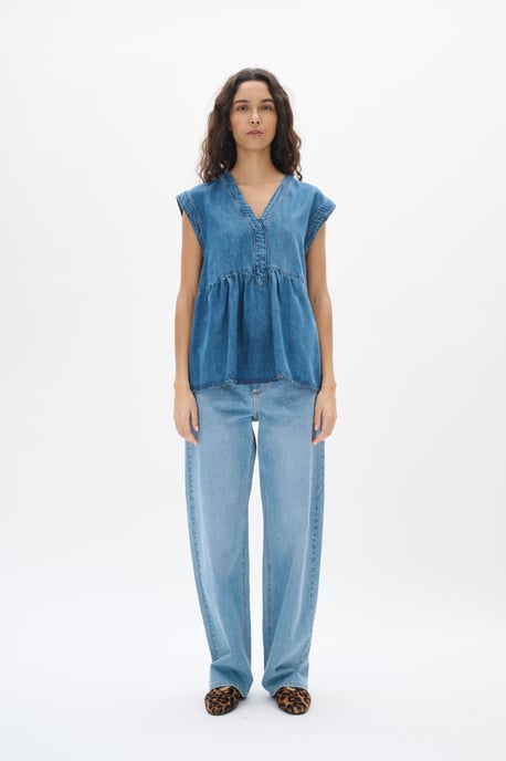 Blouse met korte mouwen Regular fit Washed Denim blue - Image 2