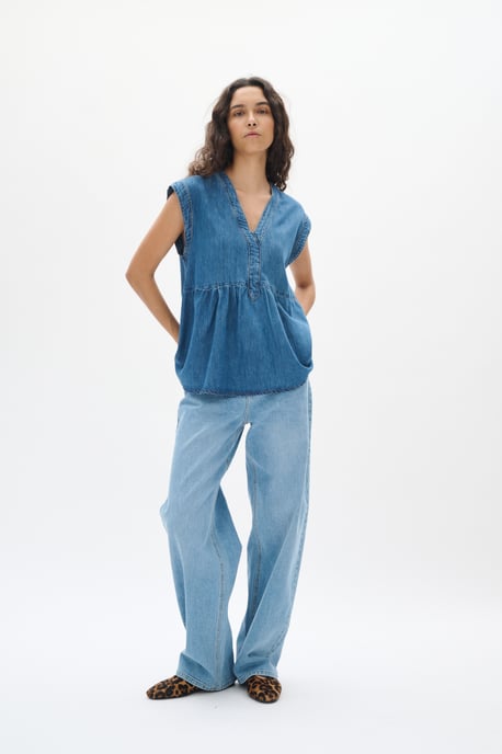 Blouse met korte mouwen Regular fit Washed Denim blue - Image 3