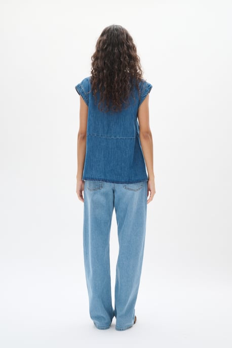 Blouse met korte mouwen Regular fit Washed Denim blue - Image 4