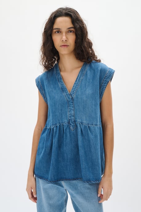 Blouse met korte mouwen Regular fit Washed Denim blue - Image 5