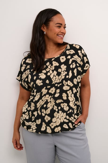 Blouse met korte mouwen Loose fit Black/Sand Leo Print leopard - Image 3