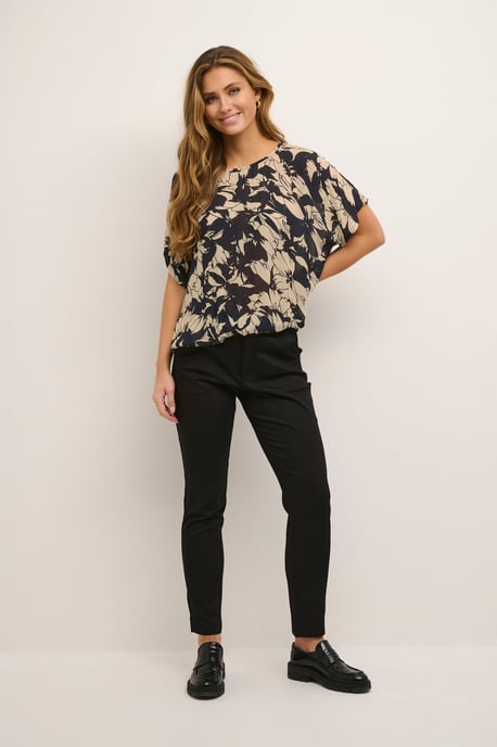 Blouse met korte mouwen Relaxed fit Sand/Black Flower floral - Image 3